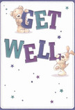 Full of joyful optimism and comforting energy, this illustrated get well card goes beyond mere words to offer a gentle embrace, much like the warm service found throughout Colindale. The scene springs to life with two delightful characters: a snuggly teddy bear perched playfully atop the bold, teal-and-indigo 'Get', and a cheerful puppy contentedly balancing along the 'Well' below. The large, confident lettering seems to leap forward, lending the whole card an air of cheerful reassurance under a soft, cream-white glow that recalls the refreshing brightness of a morning stroll past Colindale's shops and cafés. Specks of shimmering starlight in varying shades of blue and purple scatter across the card, bringing a whimsical sense of hope and unspoken encouragement to the composition. The fur details are rendered so softly you can almost feel the bear's plush texture and the puppy's velvet ears, inviting a sense of touch to the visual greeting. Like a carefully arranged bouquet meant to encourage a loved one's healing, every element - from expressive faces to fluttering stars - works together to convey heartfelt support. There's an unmistakable sense of emotional warmth here, a message that, much like a same-day flower delivery from Flowers Colindale, brings comfort, kindness, and a little bit of magic to someone facing a challenging time.